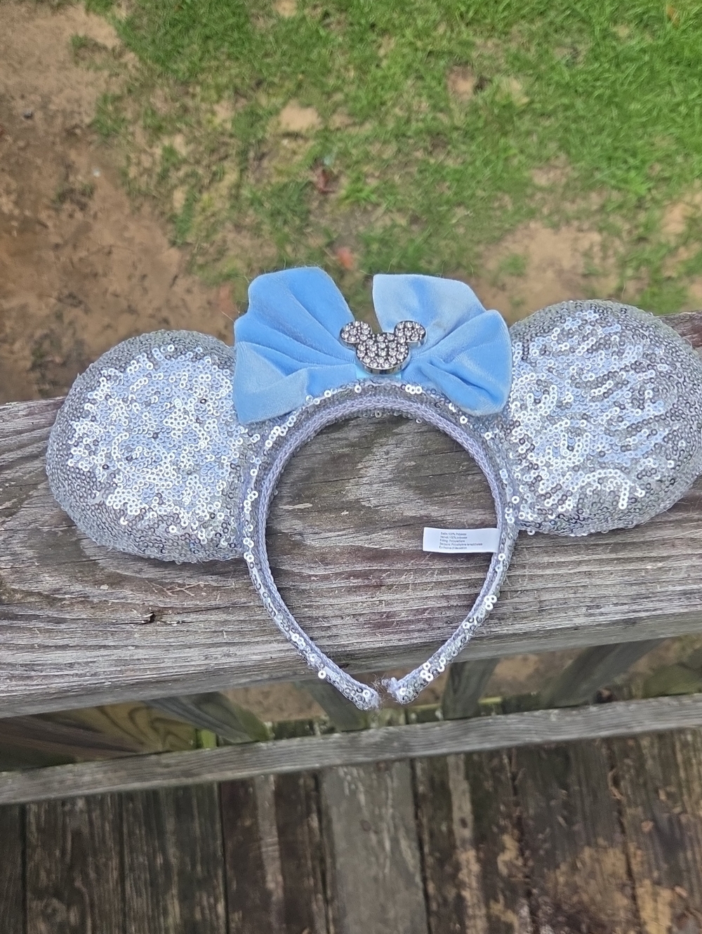 Disney Silver Sequin Minnie Ears Headband with Light Blue Bow
